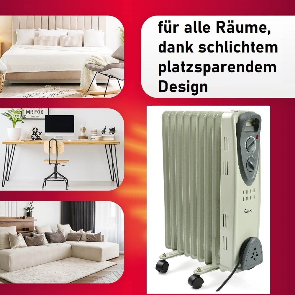 JUNG Geko G80553 Ölradiator 2000W – Mobiler Heizkörper für größere Räume, energiesparend, 9 Heizlamellen, 3 Heizstufen, stufenloser Thermostat, Überhitzungsschutz, leiser Betrieb, einfache Handhabung, ideal für Räume bis 30 m²
