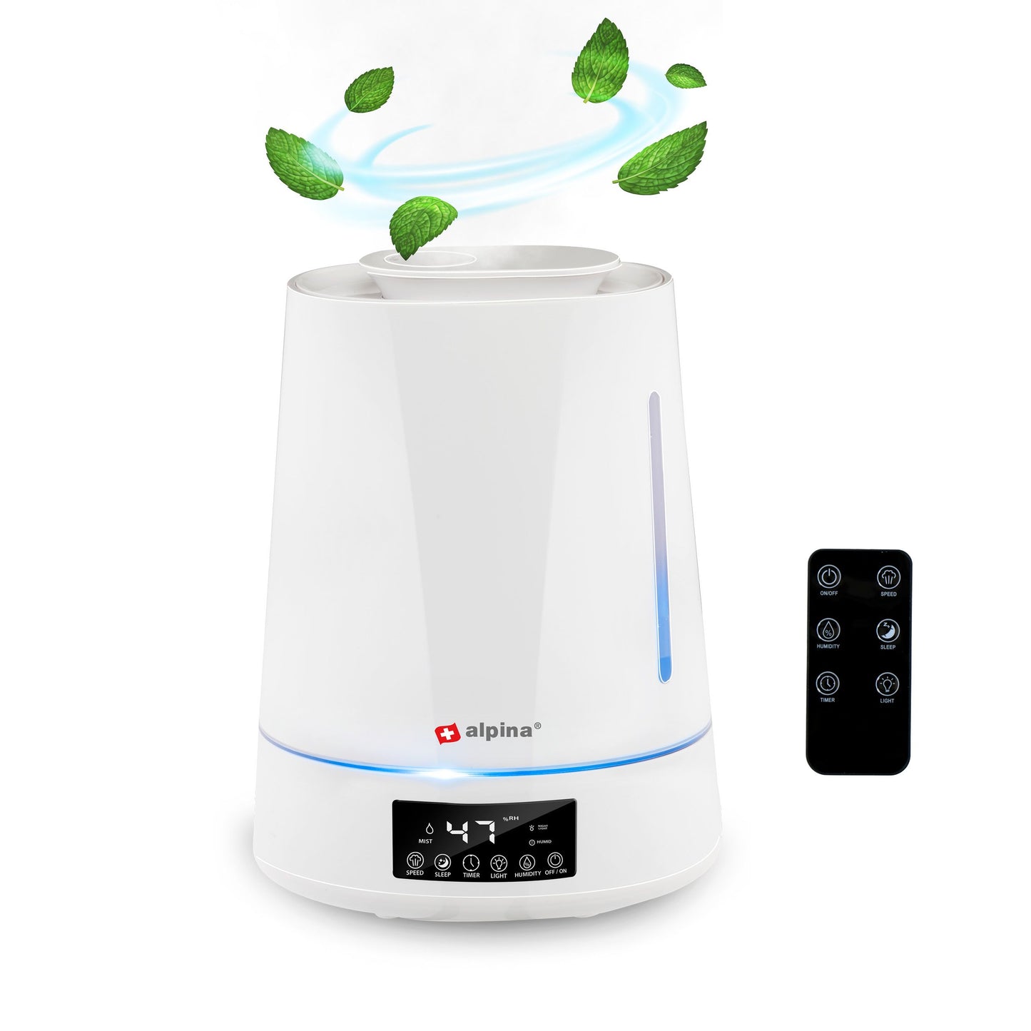 Alpina Ultraschall Luftbefeuchter 4 Liter mit Timer, Fernbedienung, Aroma Diffuser, Nachtlicht, Feuchtigkeitsregler, 3 Sprühstufen, kabelloser Komfort für Zuhause, weiß