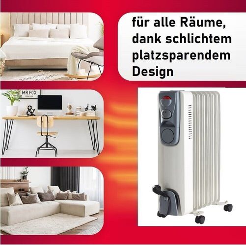 JUNG DAY 2000W Elektrischer Ölradiator – Leistungsstarker, energieeffizienter Heizkörper mit Thermostat, Kippschutz, 4 Rollen für schnelle Wärme in mittelgroßen und großen Räumen wie Büro, Schlafzimmer und Wohnzimmer