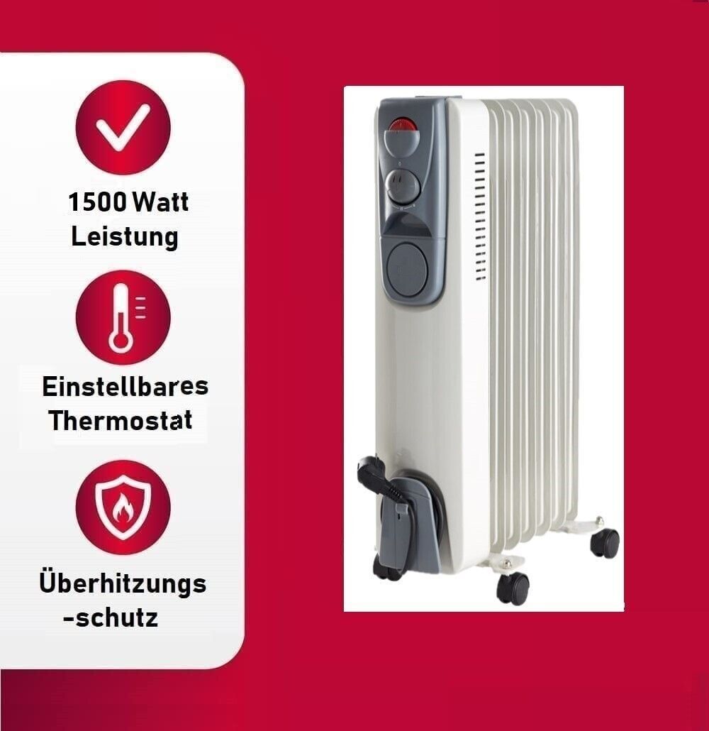 JUNG DAY 2000W Elektrischer Ölradiator – Leistungsstarker, energieeffizienter Heizkörper mit Thermostat, Kippschutz, 4 Rollen für schnelle Wärme in mittelgroßen und großen Räumen wie Büro, Schlafzimmer und Wohnzimmer