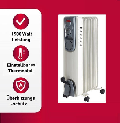 JUNG DAY 2000W Elektrischer Ölradiator – Leistungsstarker, energieeffizienter Heizkörper mit Thermostat, Kippschutz, 4 Rollen für schnelle Wärme in mittelgroßen und großen Räumen wie Büro, Schlafzimmer und Wohnzimmer