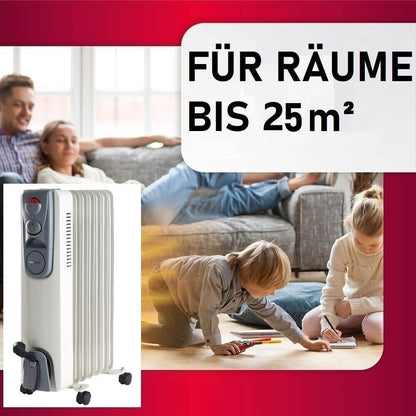 JUNG DAY 1500W Elektrischer Ölradiator – mobiler, energieeffizienter Elektroheizkörper mit Thermostat, Kippschutz & Rollen für große Räume, Büro, Schlafzimmer oder Wohnzimmer