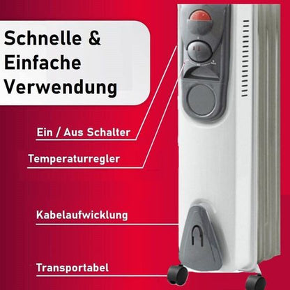 JUNG DAY 2000W Elektrischer Ölradiator – Leistungsstarker, energieeffizienter Heizkörper mit Thermostat, Kippschutz, 4 Rollen für schnelle Wärme in mittelgroßen und großen Räumen wie Büro, Schlafzimmer und Wohnzimmer