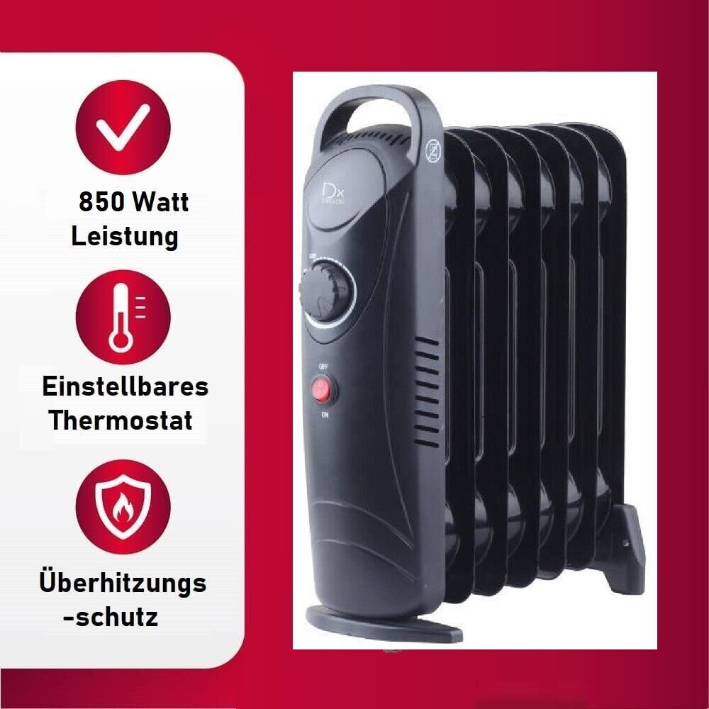JUNG DREXON BAB85S Mini Ölradiator 850W Elektroheizung Heizkörper für Innenräume, kompakte elektrische Raumheizung, leiser Öl-Heizkörper mit Thermostat, Heizgerät für 15m²