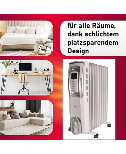 JUNG YPSOS ELE20 Elektrischer Ölradiator Heizkörper mit 2000W – Hochleistungs-Ölradiator für größere Räume bis 25m², energiesparend mit 9 Heizlamellen, 3 Heizstufen, Thermostat, LCD-Display und 24 Std Timer