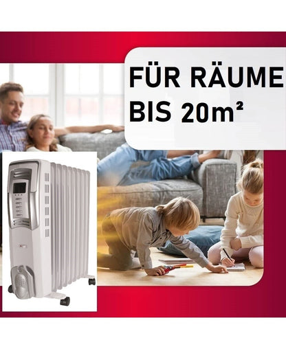 JUNG YPSOS ELE20 Elektrischer Ölradiator Heizkörper mit 2000W – Hochleistungs-Ölradiator für größere Räume bis 25m², energiesparend mit 9 Heizlamellen, 3 Heizstufen, Thermostat, LCD-Display und 24 Std Timer