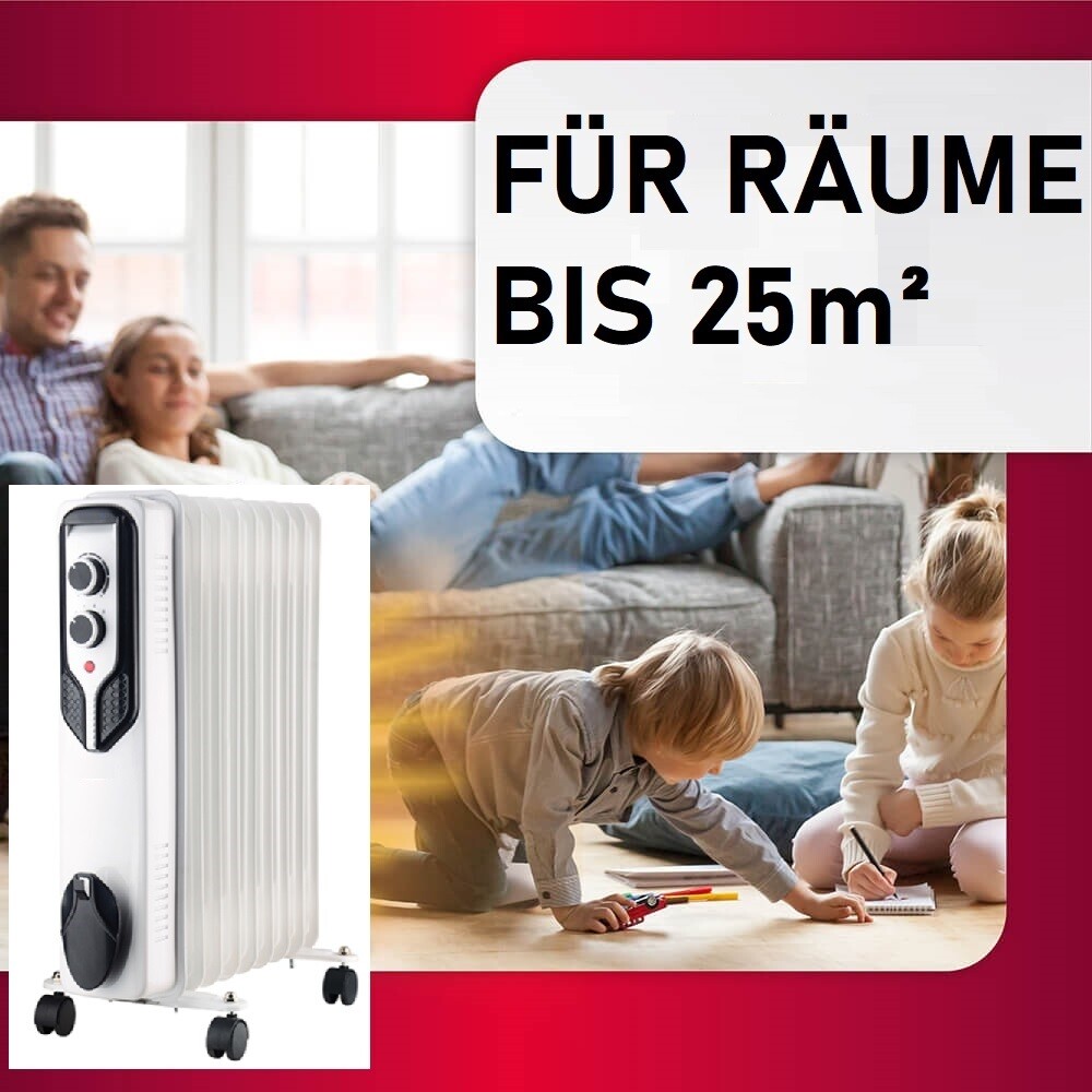 JUNG Geko G80550 Ölradiator 1500W – Mobiler Heizkörper für Räume bis 25m², energiesparend, 7 Heizlamellen, 3 Heizstufen, stufenloser Thermostat, Überhitzungsschutz und integrierte 24-Stunden-Timer-Funktion