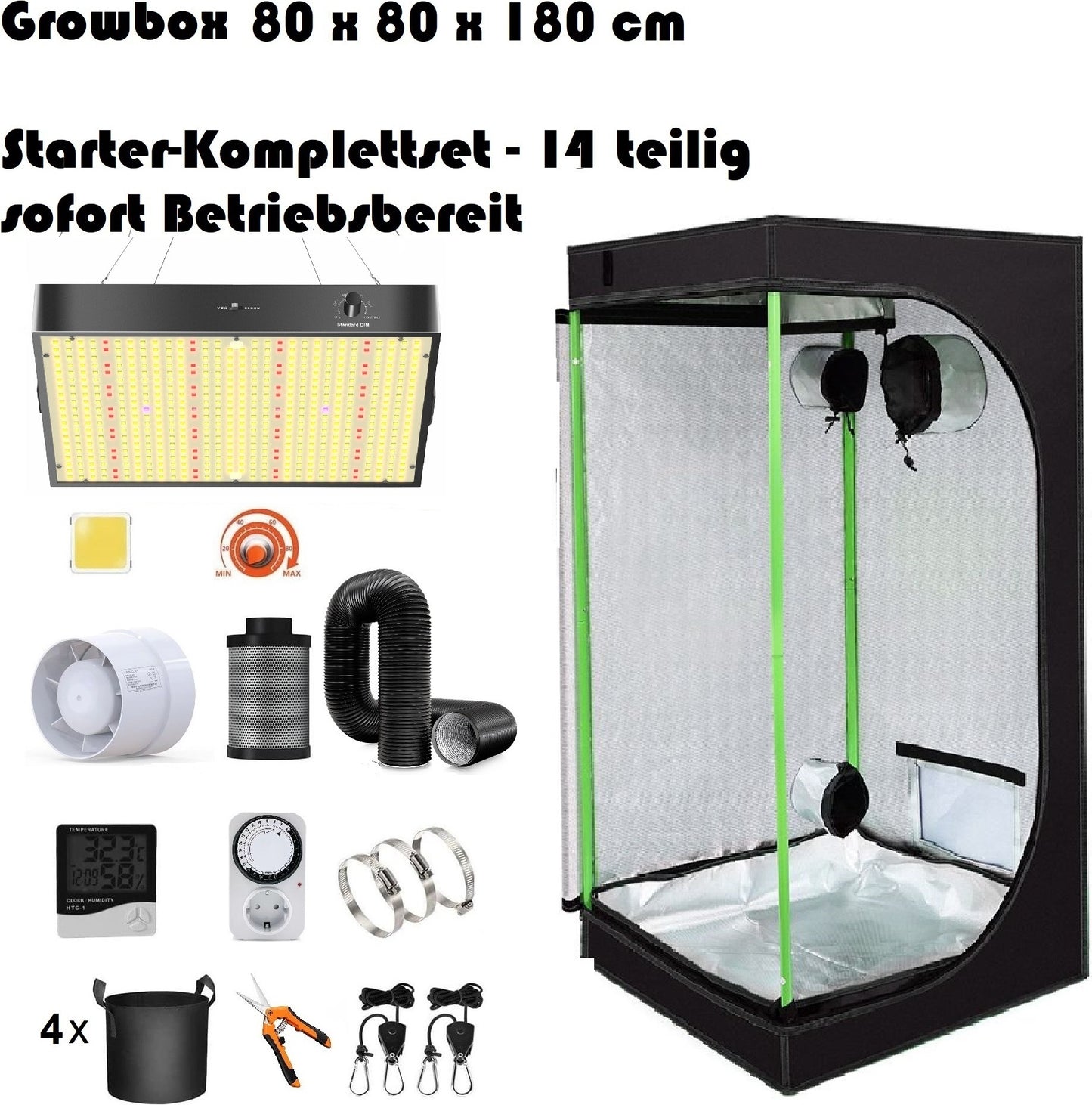 JUNG Growbox Komplettset 80x80x180 cm mit LED-Lampe Samsung 150W, Vollspektrum für Keimung, Wachstum & Blüte, Lüftungssystem, Abluft, Kohlefilter, 4 Pflanzkübel, Hygrometer, Zeitschaltuhr