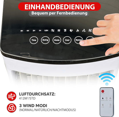 JUNG LIFEAIR Mobile Klimaanlage ohne Abluftschlauch, 2-in-1 Luftkühler und Ionisator, Leiser Ventilator mit Wasserkühlung, Fernbedienung und 15,5 Stunden Timer, ideal für Schlafzimmer und Büro