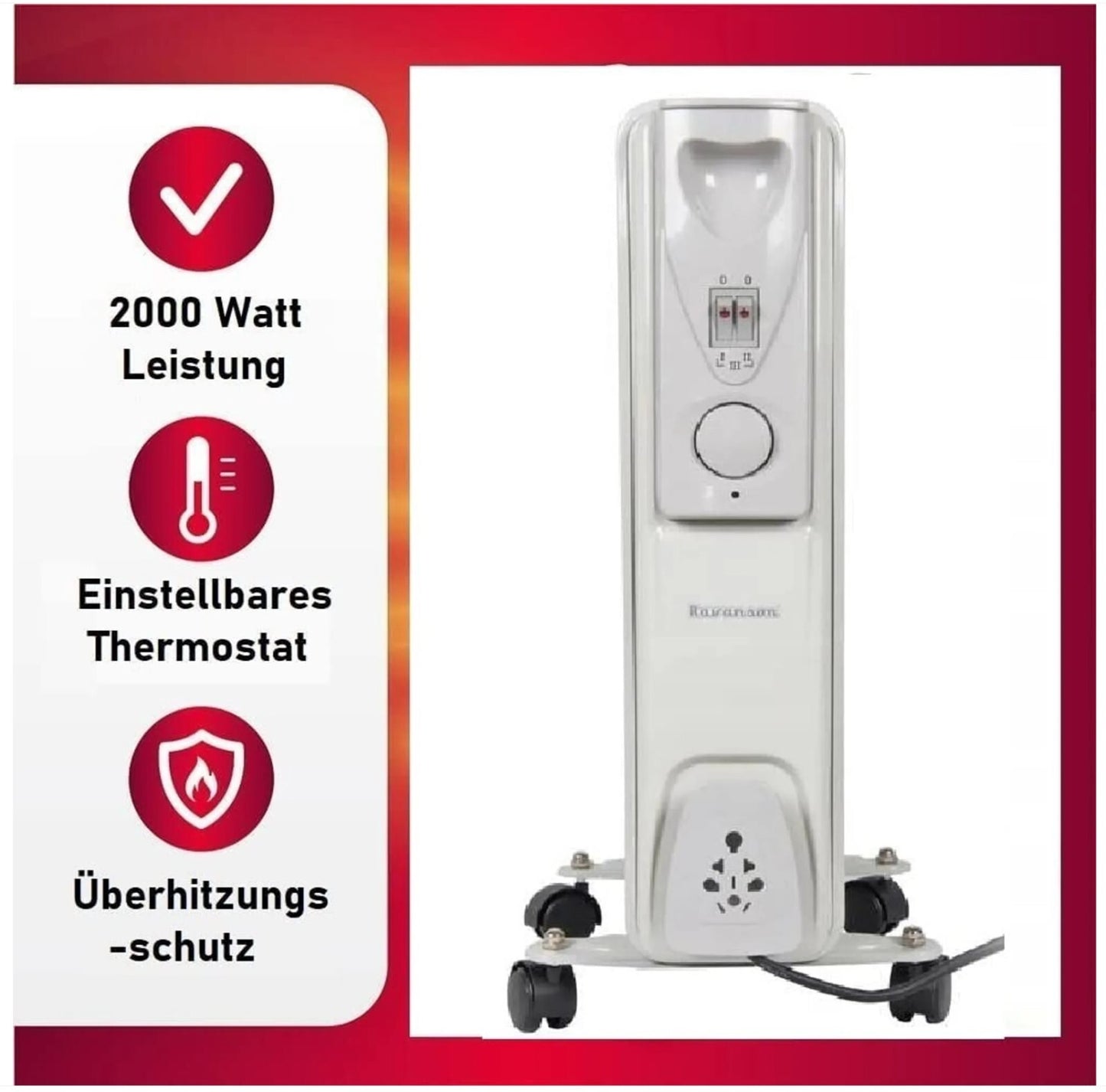 JUNG RAVANSON Ölradiator 2000W Elektroheizung | Mobiler Elektrischer Heizkörper mit Thermostat & LED Display | Energiesparender Ölheizkörper mit 9 Rippen für Räume bis 35m² Innenbereich