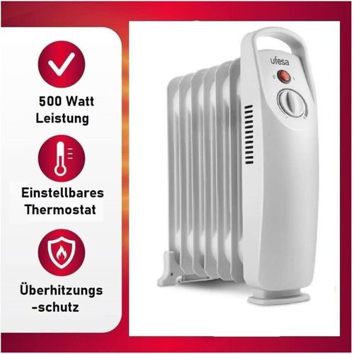JUNG UFESA RD500 Elektrischer Ölradiator mit 500 Watt – Kompakter Konvektor-Heizkörper für kleine Räume, Mini-Heizung mit Öl-Technologie, tragbarer und sicherer Elektroheizer für Innenräume