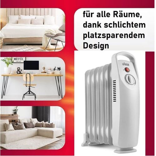 JUNG UFESA RD500 Elektrischer Ölradiator mit 500 Watt – Kompakter Konvektor-Heizkörper für kleine Räume, Mini-Heizung mit Öl-Technologie, tragbarer und sicherer Elektroheizer für Innenräume