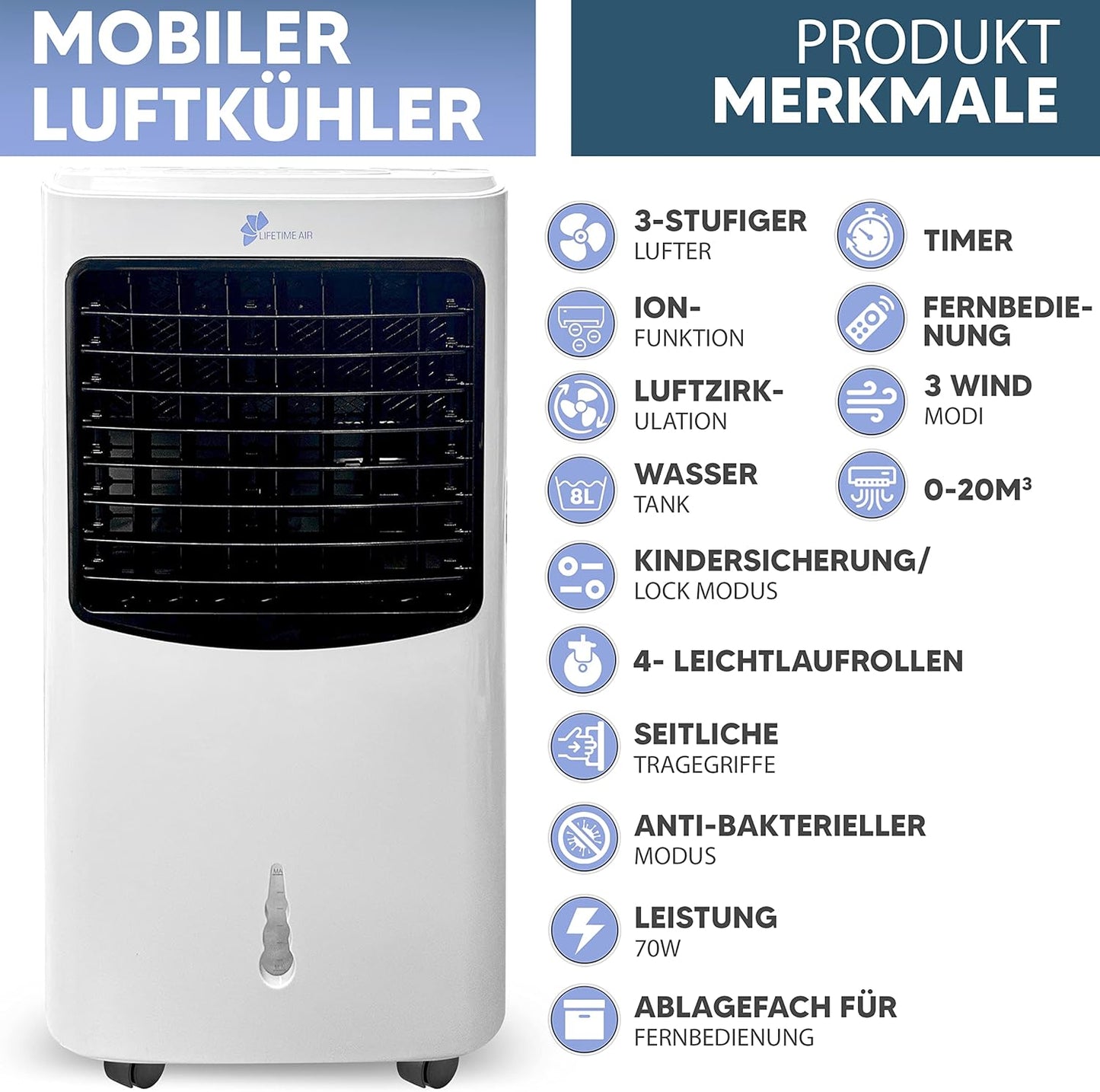 JUNG Lifetime Day Mobile Klimaanlage ohne Abluftschlauch, 3-in-1 Luftkühler, Luftbefeuchter & Luftreiniger, 8L Wassertank, Fernbedienung, 750 m³/h Luftdurchsatz, leise, energiesparend