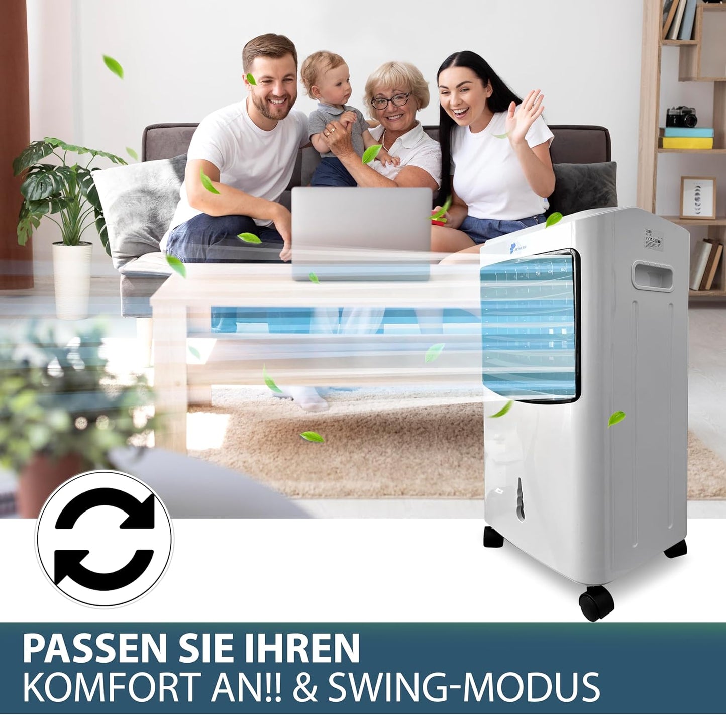 JUNG Lifetime Day Mobile Klimaanlage ohne Abluftschlauch, 3-in-1 Luftkühler, Luftbefeuchter & Luftreiniger, 8L Wassertank, Fernbedienung, 750 m³/h Luftdurchsatz, leise, energiesparend