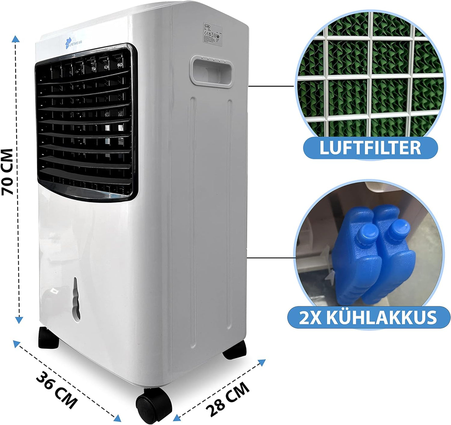 JUNG Lifetime Day Mobile Klimaanlage ohne Abluftschlauch, 3-in-1 Luftkühler, Luftbefeuchter & Luftreiniger, 8L Wassertank, Fernbedienung, 750 m³/h Luftdurchsatz, leise, energiesparend