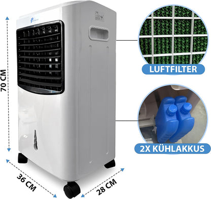 JUNG Lifetime Day Mobile Klimaanlage ohne Abluftschlauch, 3-in-1 Luftkühler, Luftbefeuchter & Luftreiniger, 8L Wassertank, Fernbedienung, 750 m³/h Luftdurchsatz, leise, energiesparend