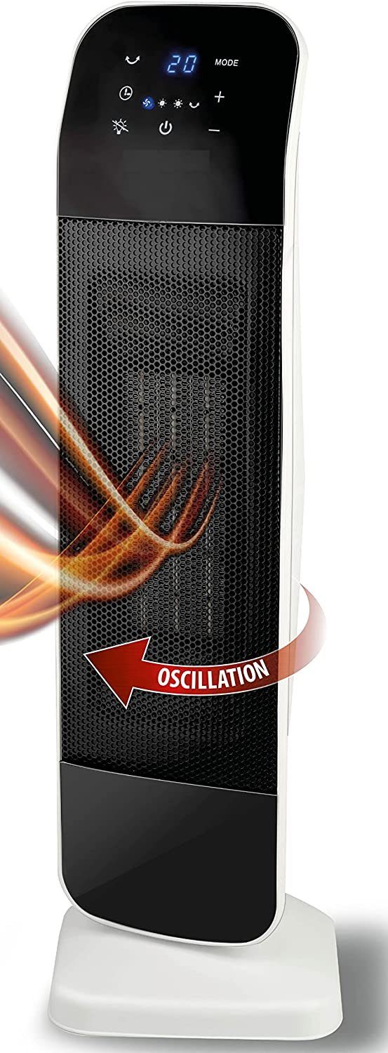 JUNG Alpina Keramik Stand-Heizlüfter 2000W Schwarz – Elektrisches Heizgerät mit Oszillation, Fernbedienung, Timer & Thermostat – Mobiler Turm Heizlüfter & Ventilator für Innenräume bis 30m²