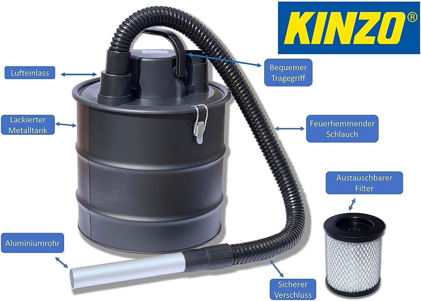 JUNG Kinzo Aschesauger Kaminsauger 800W, 18L Metallbehälter, 2in1 Nass- und Trockensauger mit Gebläsefunktion, wiederverwendbarer HEPA-Filter, flexibler Saugschlauch, ideal für Grill und Feuerstellen
