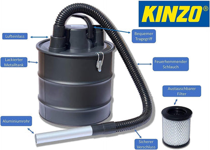 JUNG Kinzo Aschesauger Kaminsauger 800W, 18L Metallbehälter, 2in1 Nass- und Trockensauger mit Gebläsefunktion, wiederverwendbarer HEPA-Filter, flexibler Saugschlauch, ideal für Grill und Feuerstellen