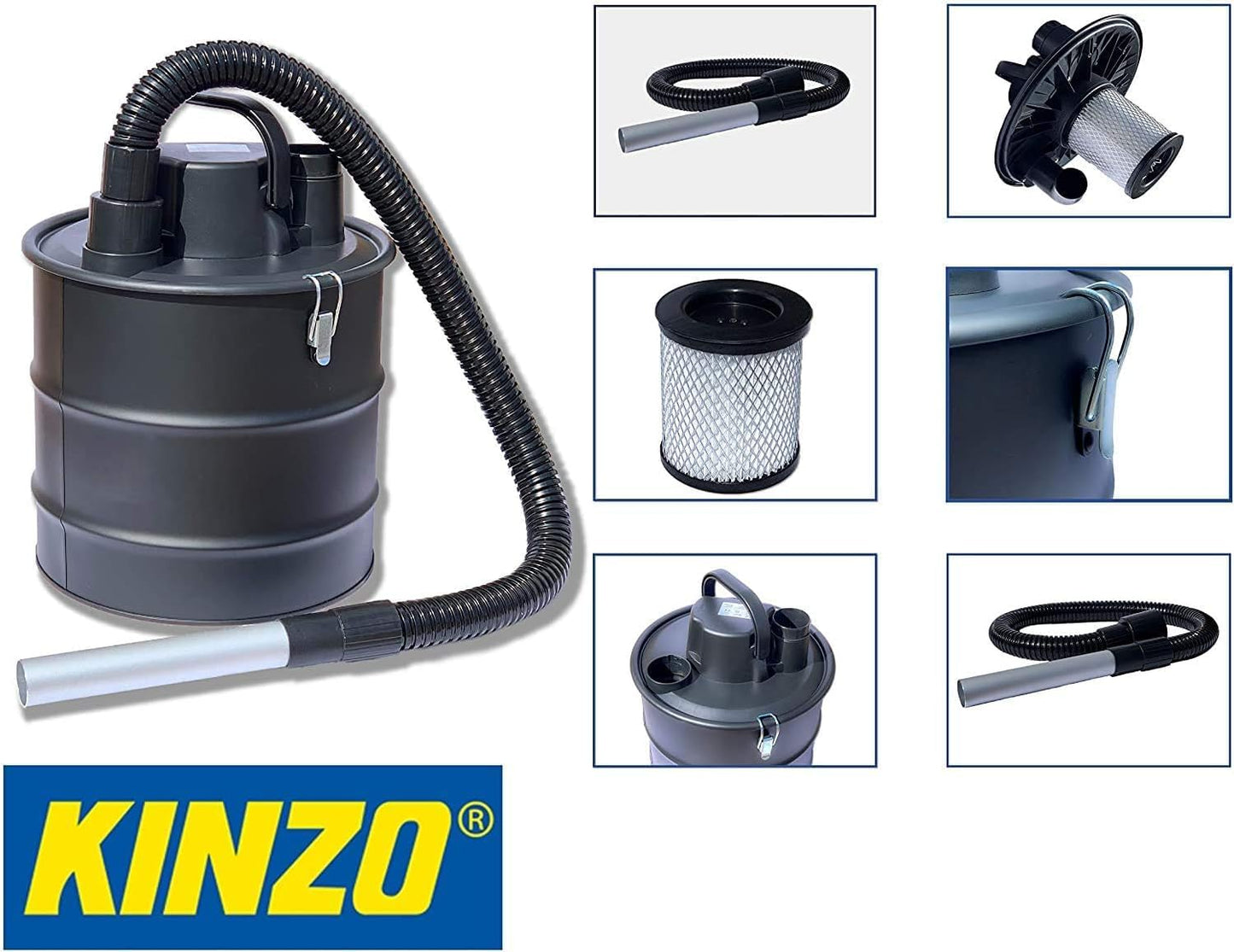 JUNG Kinzo Aschesauger Kaminsauger 800W, 18L Metallbehälter, 2in1 Nass- und Trockensauger mit Gebläsefunktion, wiederverwendbarer HEPA-Filter, flexibler Saugschlauch, ideal für Grill und Feuerstellen