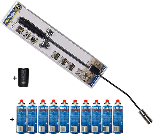 Kinzo K0318 Unkrautbrenner 80 cm, Piezozündung, 1000°C, mit 10 Butangaskartuschen je 227g, Gasbrenner für Unkrautvernichtung, Grillanzünder und Shishakohleanzünder, ergonomischer Griff, regulierbare Flamme