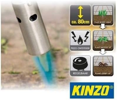 Kinzo K0318 Unkrautbrenner 80 cm, Piezozündung, 1000°C, mit 10 Butangaskartuschen je 227g, Gasbrenner für Unkrautvernichtung, Grillanzünder und Shishakohleanzünder, ergonomischer Griff, regulierbare Flamme
