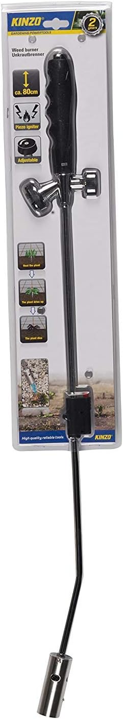 Kinzo K0318 Unkrautbrenner 80 cm, Piezozündung, 1000°C, mit 10 Butangaskartuschen je 227g, Gasbrenner für Unkrautvernichtung, Grillanzünder und Shishakohleanzünder, ergonomischer Griff, regulierbare Flamme