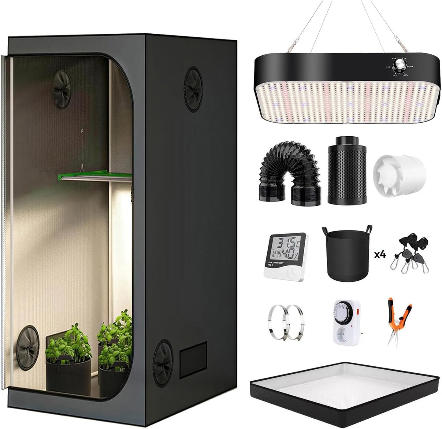 ZRBDDEF Growzelt Komplettset 120x120x200cm mit LED-Lampe, Aktivkohlefilter, Belüftungssystem, Pflanzenzelt Indoor-Growbox für Kräuter Gemüse mit Zubehör für professionelle Pflanzenanzucht