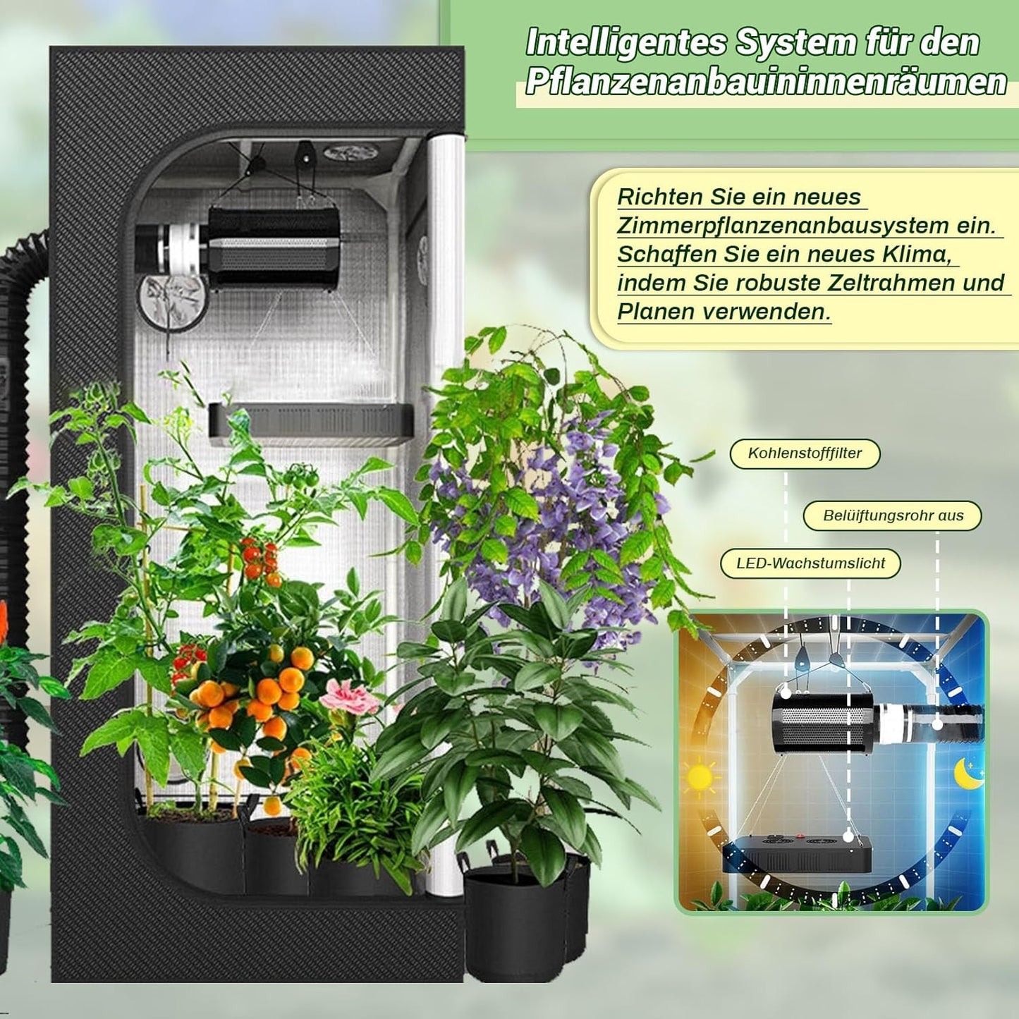 ZRBDDEF Growzelt Komplettset 70x70x160cm mit LED Pflanzenlampe, Aktivkohlefilter, Belüftungssystem, Indoor Pflanzenzuchtset für Gemüse, Kräuter, Anbauzelt für Innenräume mit Zubehör