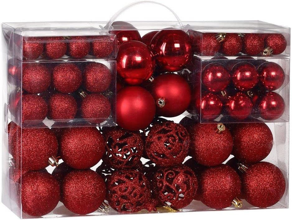 JUNG Christbaumschmuck Weihnachtskugeln Kugeln (100-tlg) rot, Plastik für Außen & Innen, Weihnachtsdeko Weihnachtsbaumkugeln Weihnachtsschmuck Weihnachten Deko