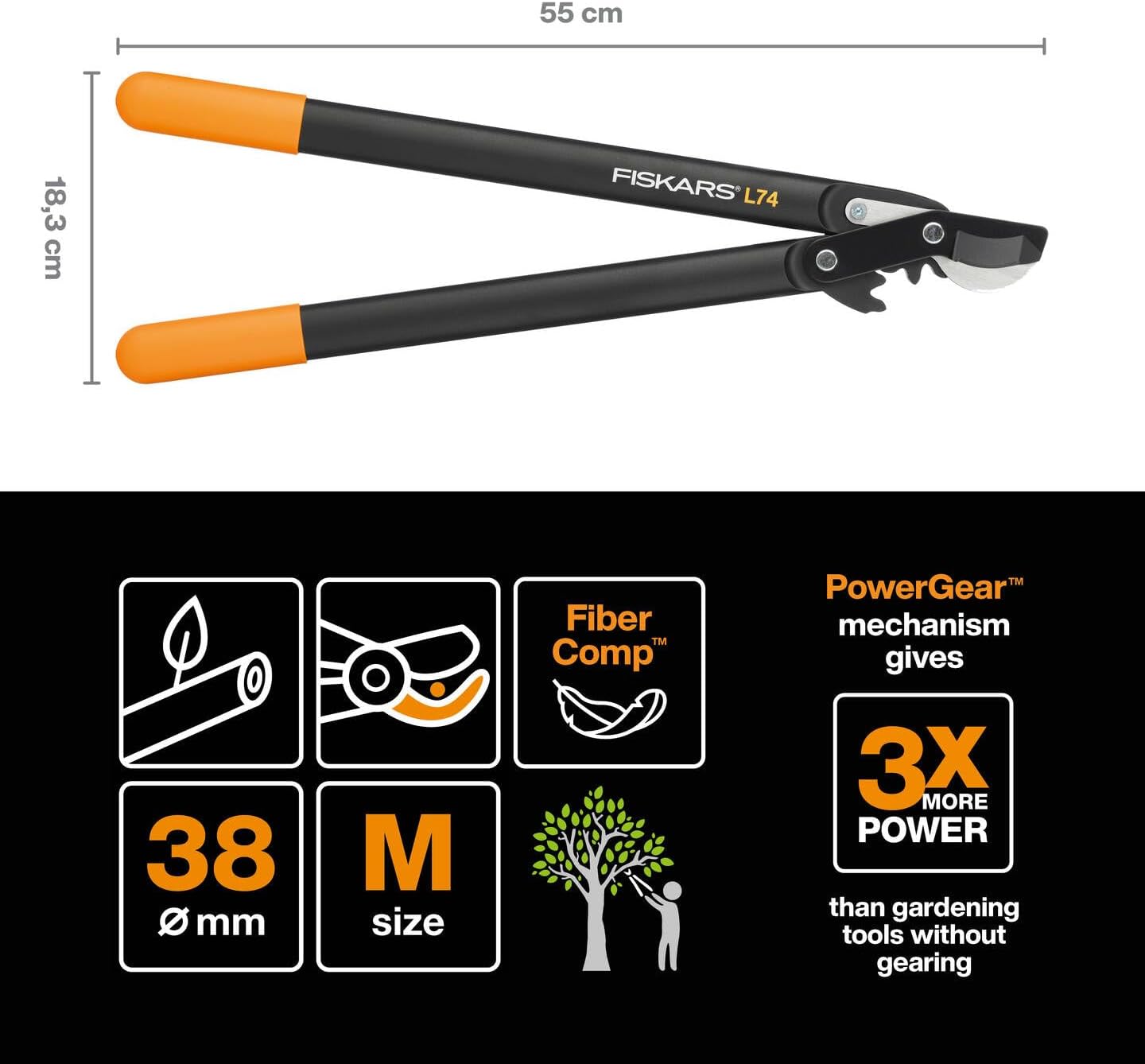 Fiskars PowerGear II L74 Bypass-Getriebeastschere für frisches Holz, Antihaftbeschichtet, Gehärteter Stahl, 55 cm, Leichtgewicht Gartenwerkzeug, Astschere, Baumschere, Schwarz/Orange, Ergonomisch, Minimale Kraftaufwand