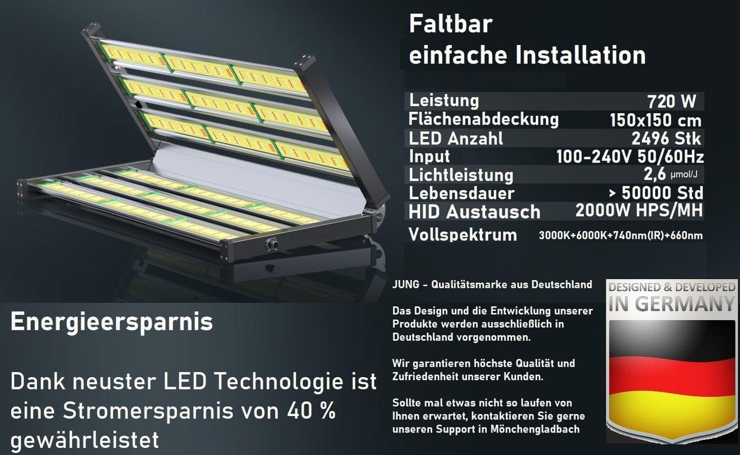 JUNG LED Wachstumslicht 360W Vollspektrum für Growbox, dimmbar, Samsung LEDs, ideal für Pflanzenzucht, Blüte, Keimung, Anzuchtlampe, energieeffizient, geräuschlos, für 60x60 cm Growzelt