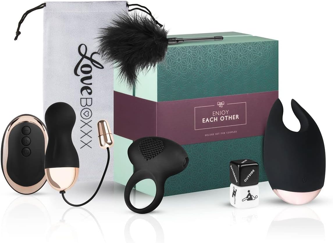 LoveBoxxx Deluxe Erotik Geschenkbox Paar Sexspielzeug Set mit Vibratoren, Vibro-Ei, Cockring, Federkitzler, Augenmaske, Sex-Würfel und Samtbeutel – Schweres, vielseitiges Liebesspielzeug, intensives Paarerlebnis