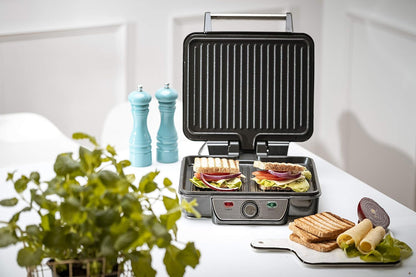 JUNG Mesko MS3050 Elektrischer Kontaktgrill 2500W Doppelplatte Antihaftbeschichtung Tischgrill Elektrogrill Temperaturregelung Cool-Touch-Griff Abnehmbare Tropfschale 1288cm² große Grillfläche