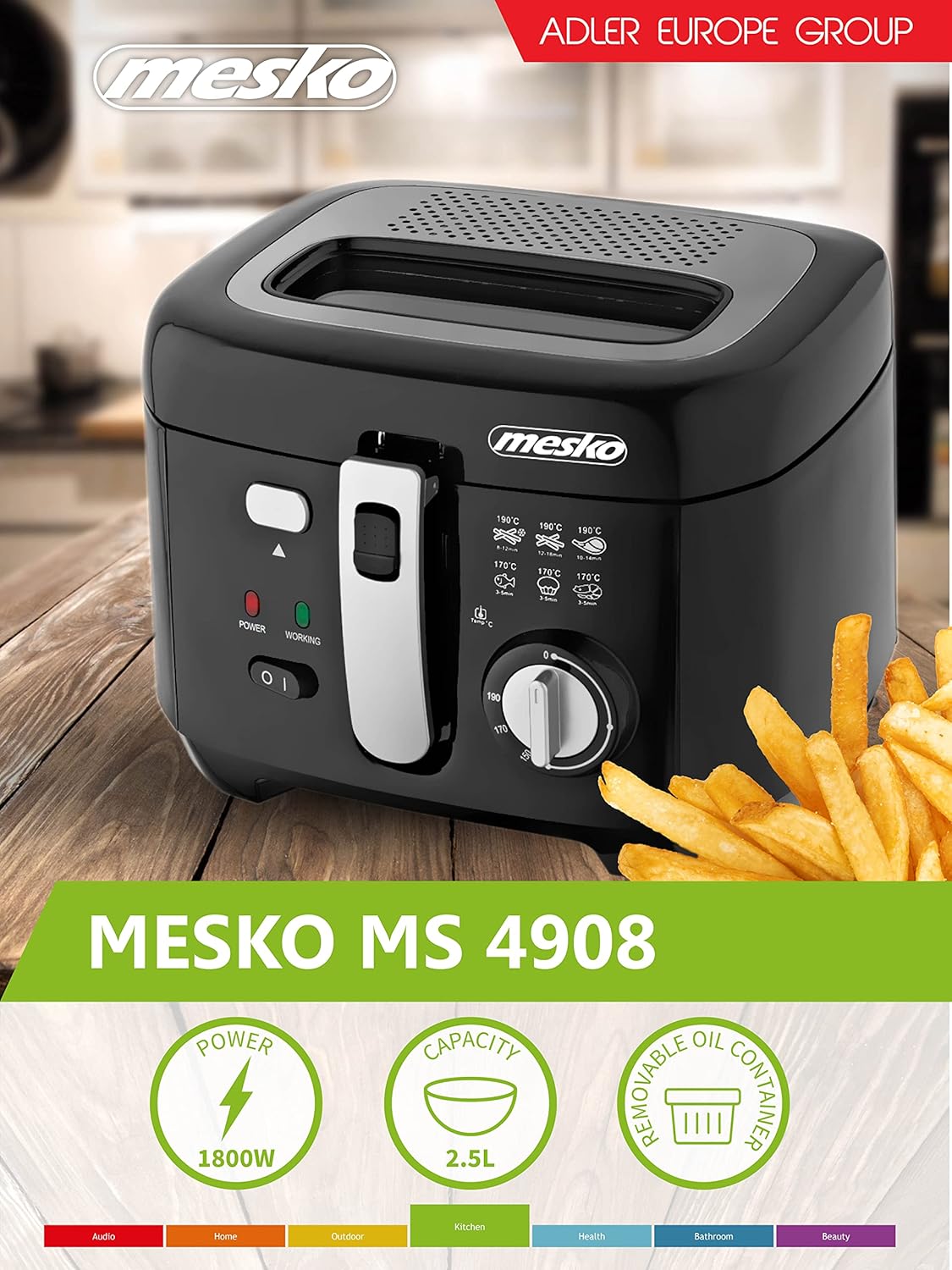 JUNG MESKO MS4908 2,5L Fritteuse mit Öl, leistungsstarke 1800W Friteuse, Antihaft-Frittierbehälter, Temperaturregler, Frittierkorb mit Hubfunktion, Filterdeckel, kompakte Küchenfritteuse