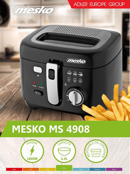 JUNG MESKO MS4908 2,5L Fritteuse mit Öl, leistungsstarke 1800W Friteuse, Antihaft-Frittierbehälter, Temperaturregler, Frittierkorb mit Hubfunktion, Filterdeckel, kompakte Küchenfritteuse