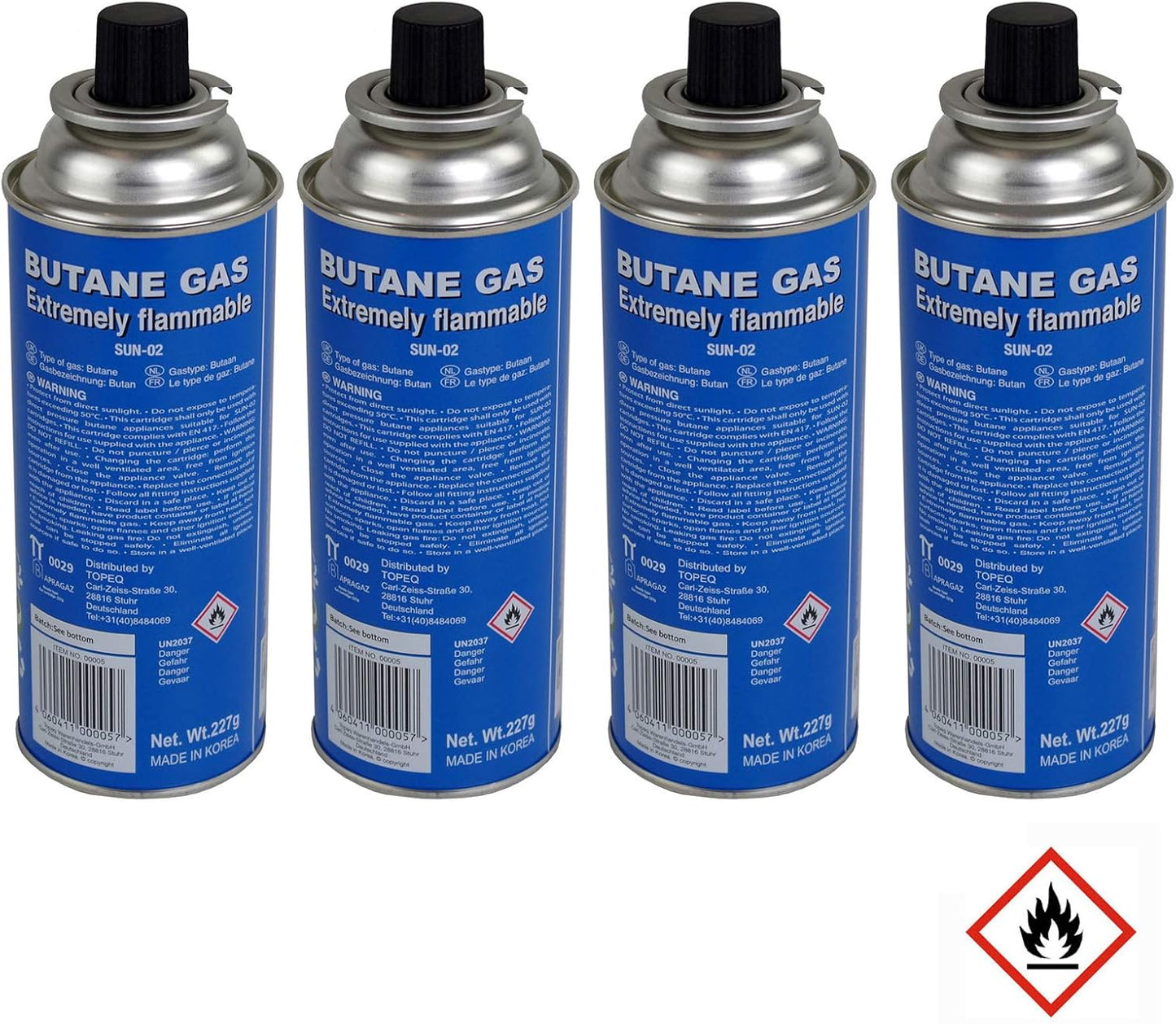 Markenlos Butangas Gaskartuschen 4er Set 227g – MSF-1a Bajonett Butangasflasche Camping Nachfüllkartusche für Gaskocher, Unkrautvernichter, Abflammgeräte – Outdoor Einweg-Gasflaschen, Gas