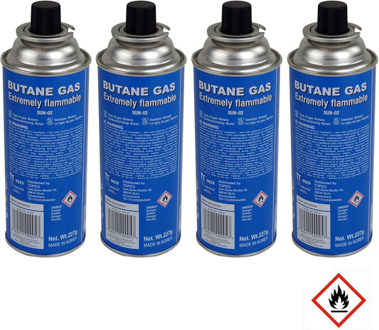 Markenlos Butangas Gaskartuschen 4er Set 227g – MSF-1a Bajonett Butangasflasche Camping Nachfüllkartusche für Gaskocher, Unkrautvernichter, Abflammgeräte – Outdoor Einweg-Gasflaschen, Gas