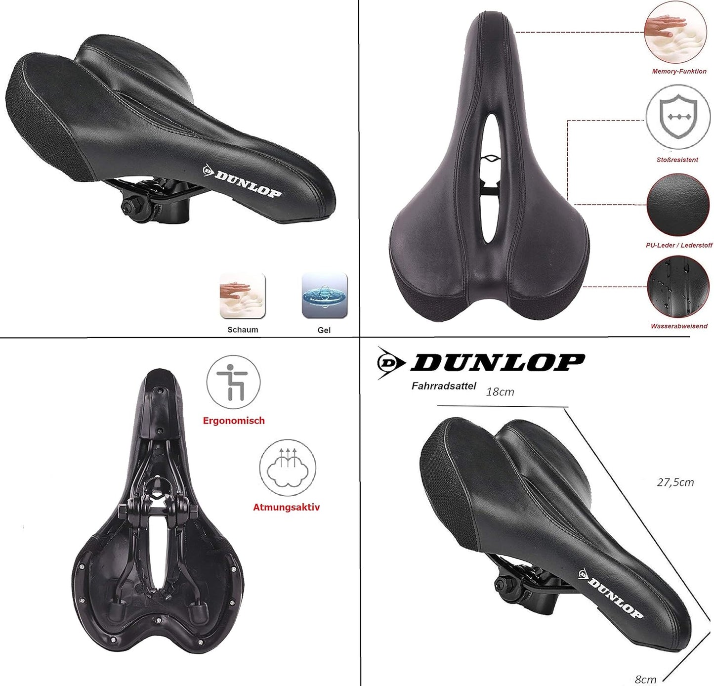 DUNLOP FGM19 Ergonomischer MTB Fahrradsattel, Gel-Sattel für Damen und Herren, Komfort-Sattel für Mountainbike, Rennrad, Trekkingrad, Atmungsaktiv, Stoßdämpfend, Lendenwirbelsäulenschonend, wasserabweisend, Schwarz
