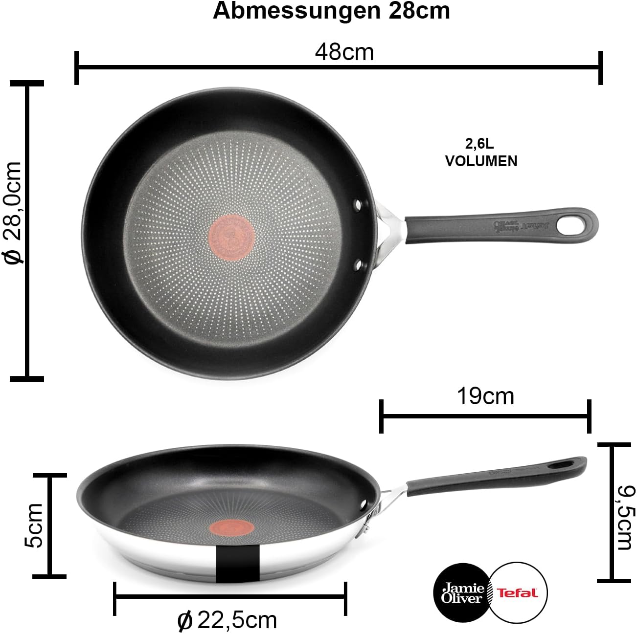 Tefal E30 Jamie Oliver Edelstahl Bratpfanne 28 cm, Induktionsgeeignet, Antihaftbeschichtet, Hitzebeständig, Schüttrand, Genieteter Silikongriff, Backofenfest, Perfekt für alle Herdarten