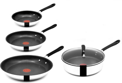 Tefal E30 Jamie Oliver Pfannenset - Edelstahl Pfanne 20 + 24 + 28cm, Schmorpfanne 25cm mit Deckel, Antihaft Beschichtet, Induktion geeignet, Genieteter Griff, Hoher Rand, Backofenfest, ThermoSpot
