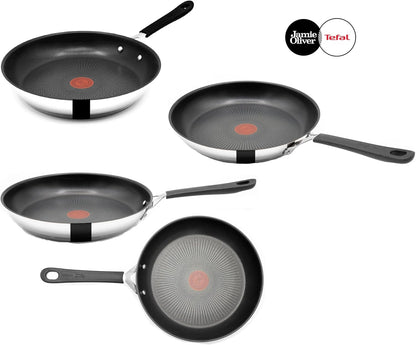 Tefal E30 Jamie Oliver Pfannenset - Edelstahl Pfanne 20 + 24 + 28cm, Schmorpfanne 25cm mit Deckel, Antihaft Beschichtet, Induktion geeignet, Genieteter Griff, Hoher Rand, Backofenfest, ThermoSpot