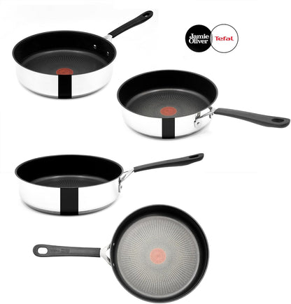 Tefal E30 Jamie Oliver Pfannenset - Edelstahl Pfanne 20 + 24 + 28cm, Schmorpfanne 25cm mit Deckel, Antihaft Beschichtet, Induktion geeignet, Genieteter Griff, Hoher Rand, Backofenfest, ThermoSpot