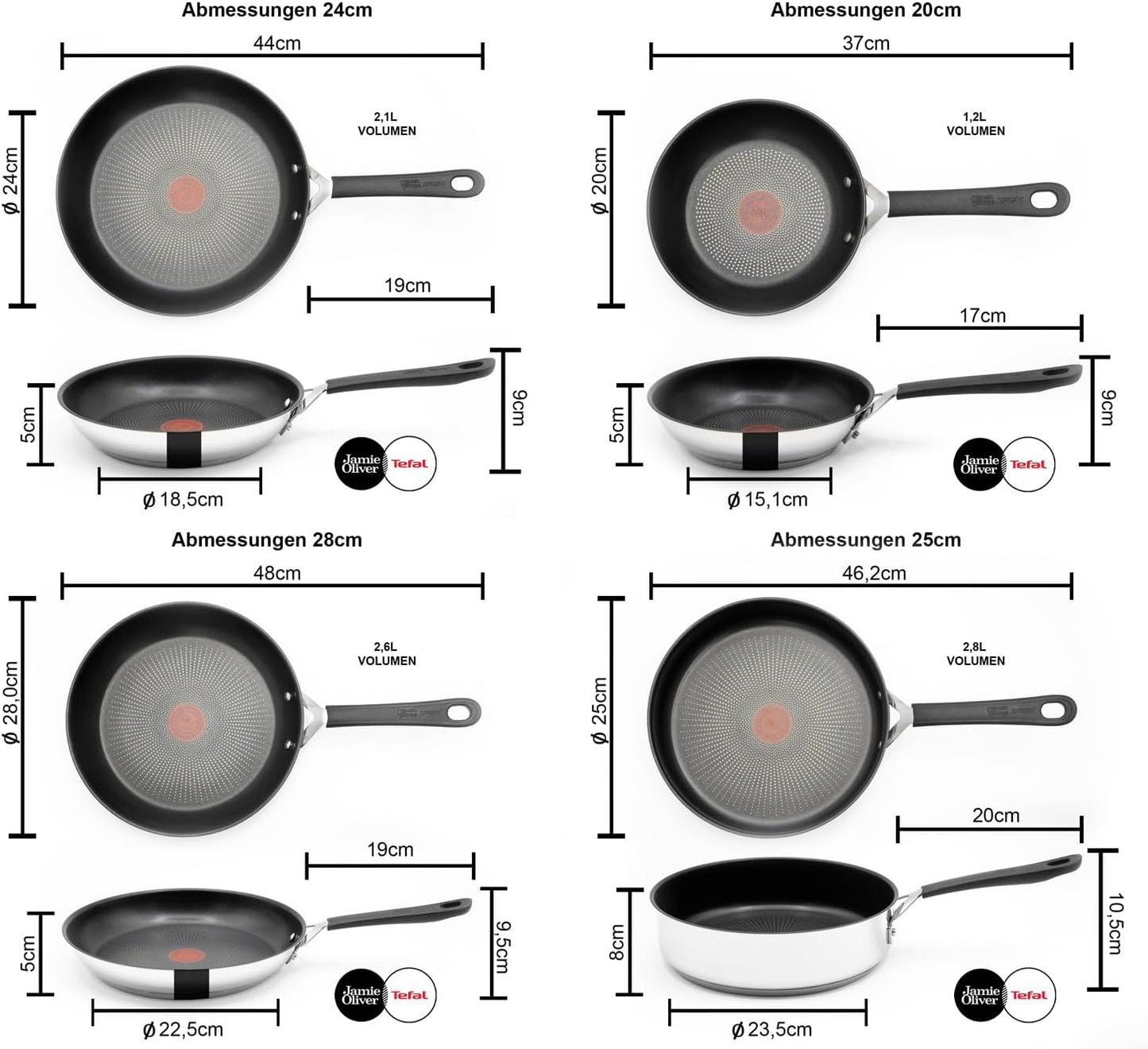 Tefal E30 Jamie Oliver Pfannenset - Edelstahl Pfanne 20 + 24 + 28cm, Schmorpfanne 25cm mit Deckel, Antihaft Beschichtet, Induktion geeignet, Genieteter Griff, Hoher Rand, Backofenfest, ThermoSpot