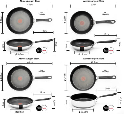 Tefal E30 Jamie Oliver Pfannenset - Edelstahl Pfanne 20 + 24 + 28cm, Schmorpfanne 25cm mit Deckel, Antihaft Beschichtet, Induktion geeignet, Genieteter Griff, Hoher Rand, Backofenfest, ThermoSpot