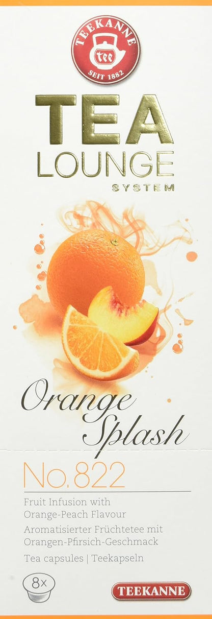 TEEKANNE TEALOUNGE Früchtetee Kapseln Orange Splash No. 822 – Aromatisierter Kapseltee mit Orangensaftkonzentrat & Pfirsich – 6er Pack  8 Kapseln – Vegan, Glutenfrei, Fruchttee Kapselsystem