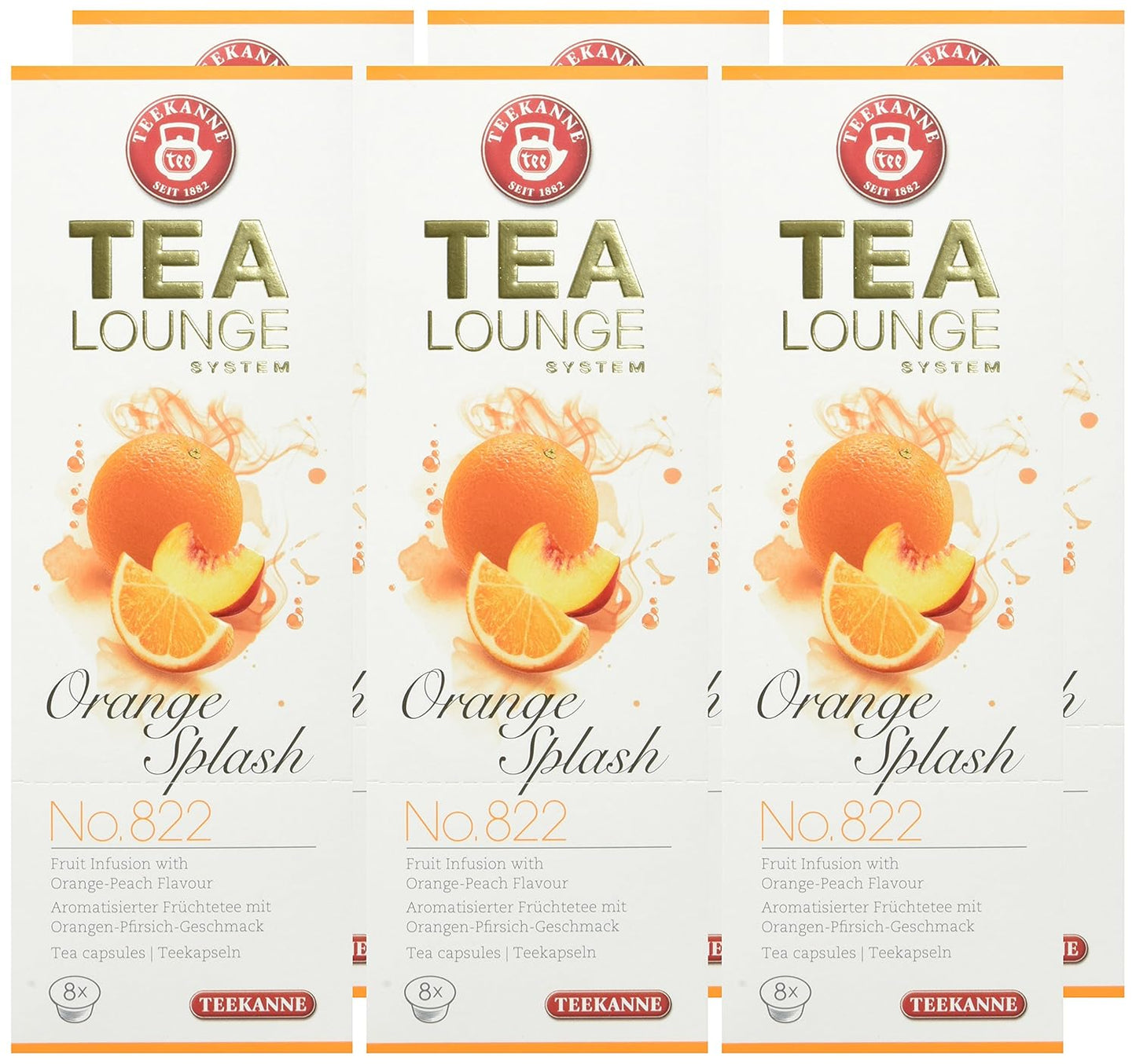 TEEKANNE TEALOUNGE Früchtetee Kapseln Orange Splash No. 822 – Aromatisierter Kapseltee mit Orangensaftkonzentrat & Pfirsich – 6er Pack  8 Kapseln – Vegan, Glutenfrei, Fruchttee Kapselsystem