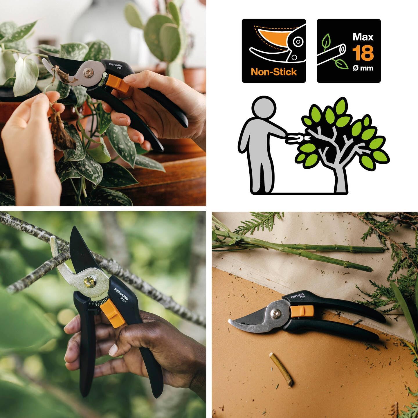 Fiskars Solid Bypass-Gartenschere P121, 18 mm Schnittdurchmesser, Antihaft-Klinge aus gehärtetem Stahl, ergonomische FiberComp-Griffe, leicht & sicher, für frische Äste und Pflanzen, 125 g