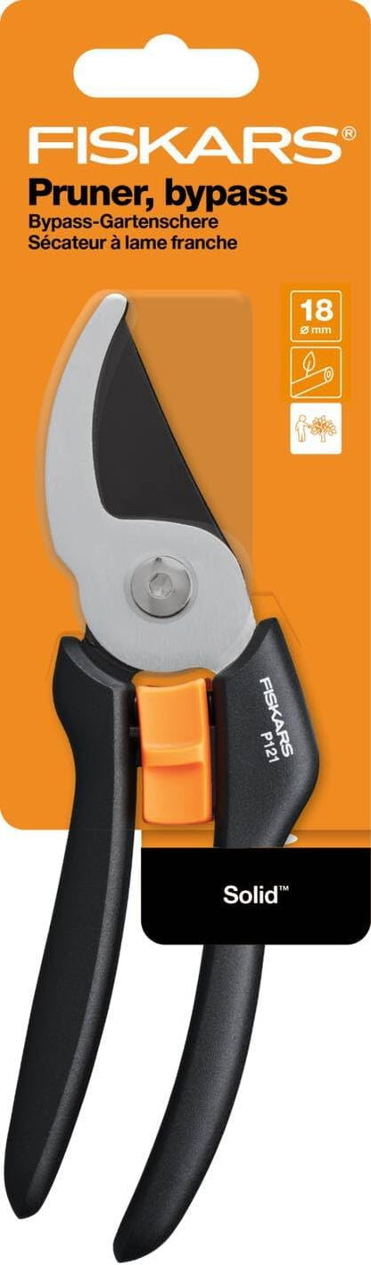 Fiskars Solid Bypass-Gartenschere P121, 18 mm Schnittdurchmesser, Antihaft-Klinge aus gehärtetem Stahl, ergonomische FiberComp-Griffe, leicht & sicher, für frische Äste und Pflanzen, 125 g