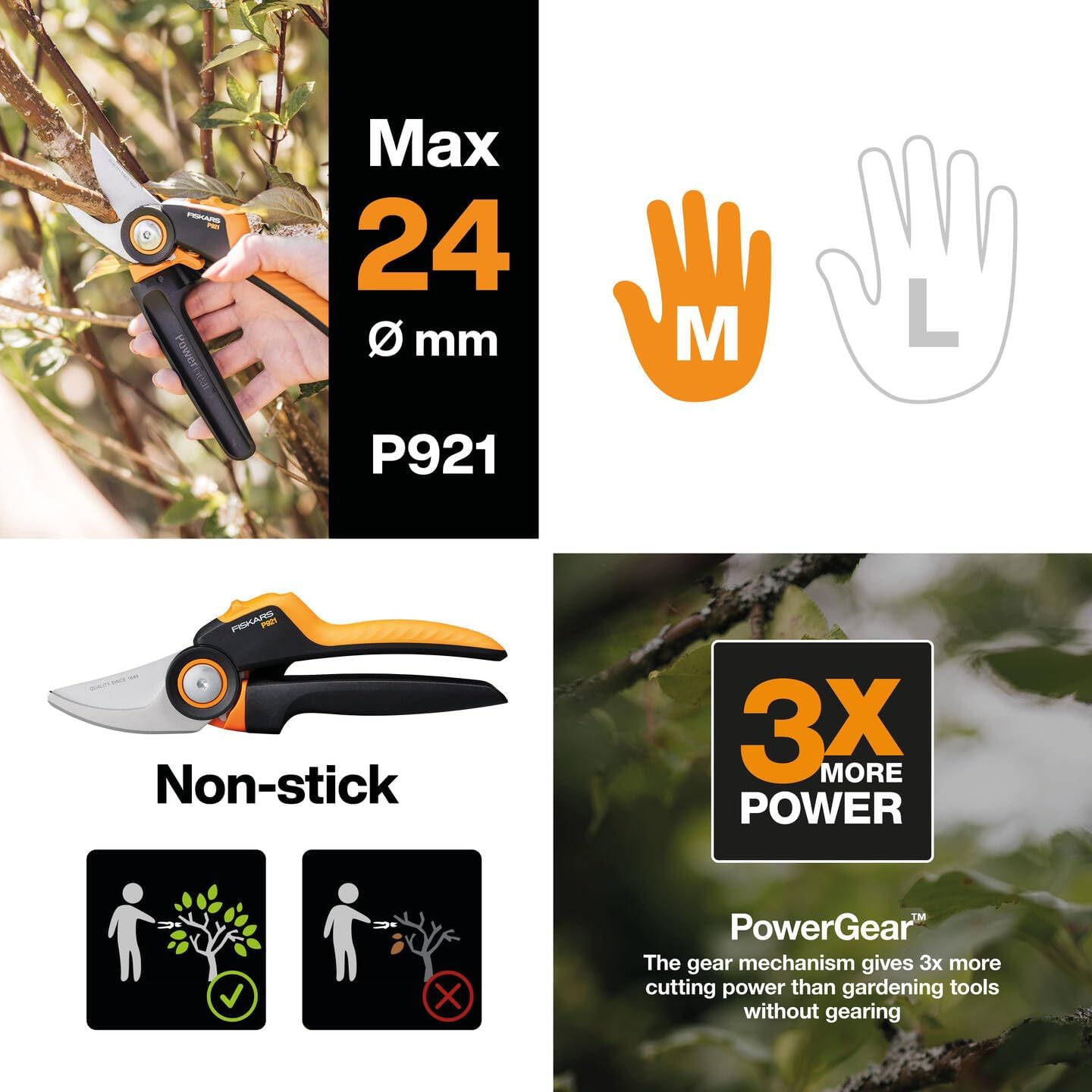 Fiskars X-series PowerGear Bypass-Gartenschere 20,1cm M P921 mit ergonomischem Rollgriff, Antihaft-Edelstahlklingen, für frische Äste, Zweige, Gartenschere 220 g, Schnittstärke 2,4 cm, Schwarz/Orange